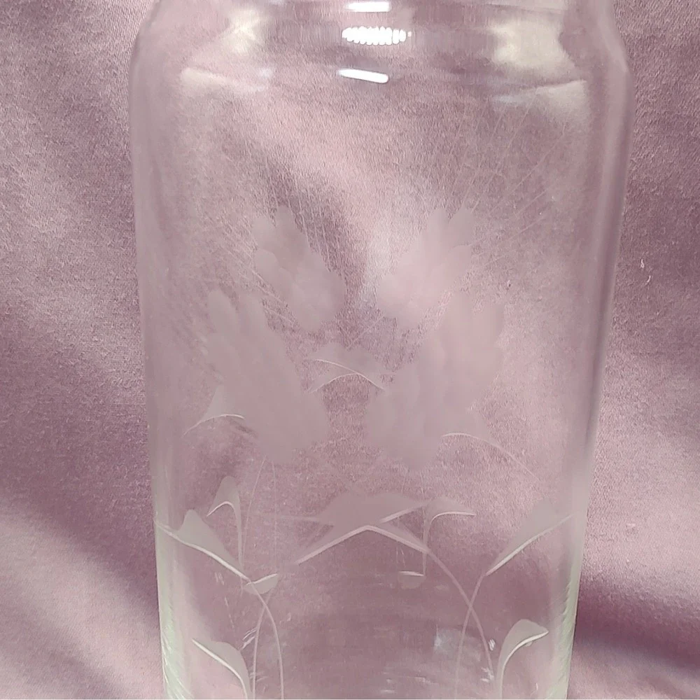 Vintage Clear Glass Vase Etched‎ Wheat Both Sides Cylinder Seven Inches 1970s